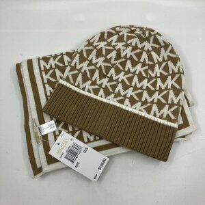 Michael Michael Kors Beanie Hat Scarf Gift Set Camel Brown White MK Logo NWT